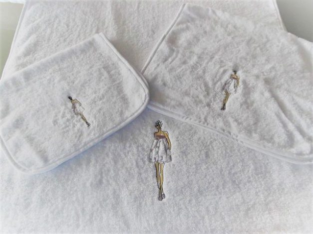 Runway Girl on White Embroidered Towel Set